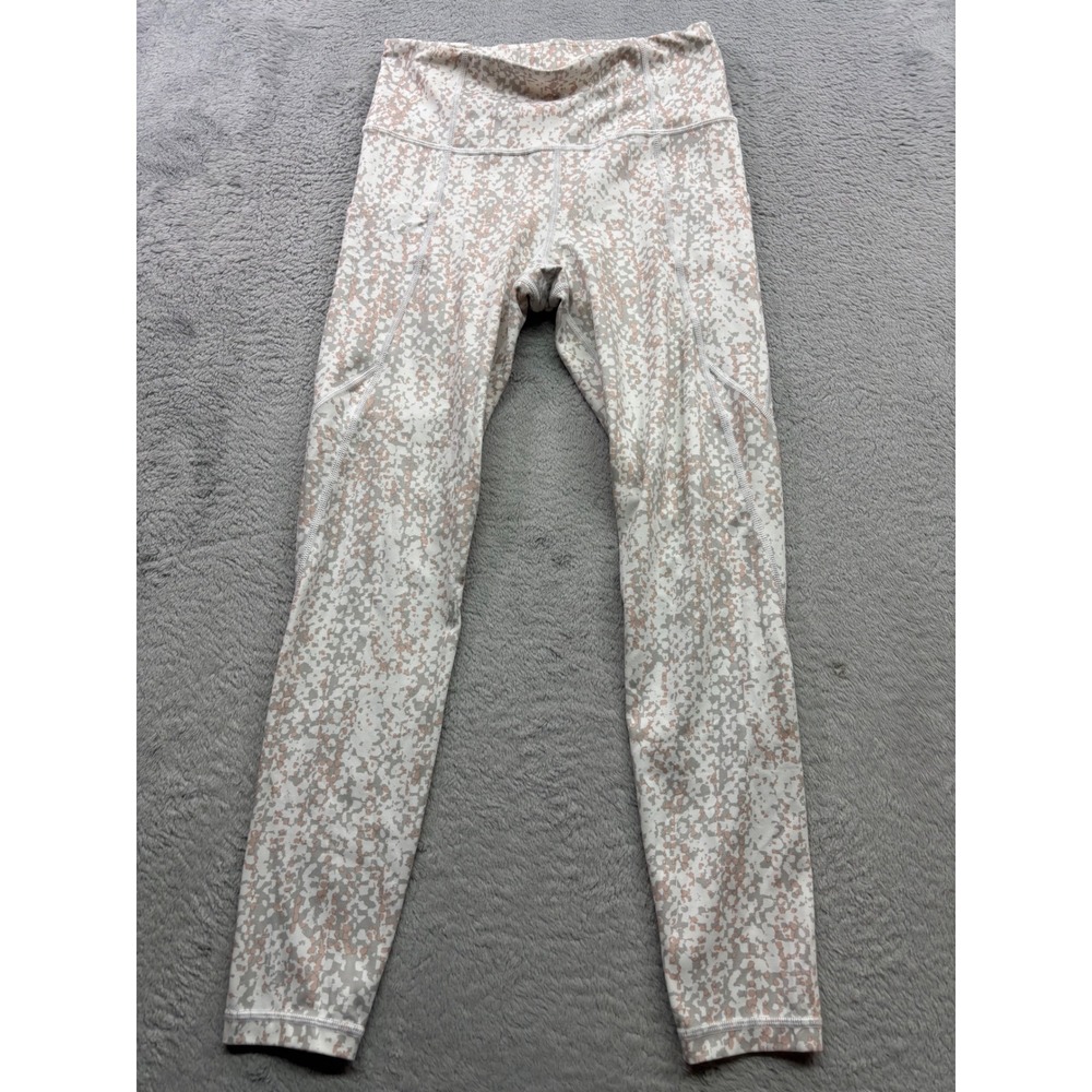 Athleta Salutation Stash Size S Pocket High Rise Leggings White Grey Peach Print